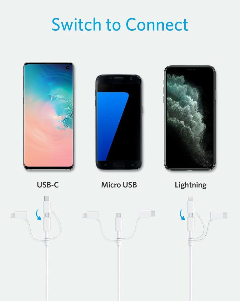Anker cable for switching between USB-C, Micro USB, Lightning