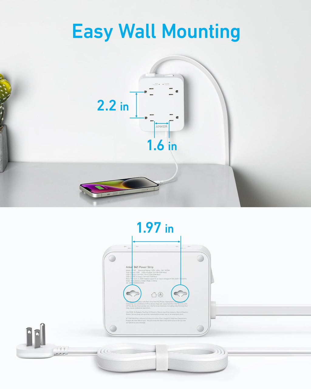 Anker power strip with wall mounting for easy installation