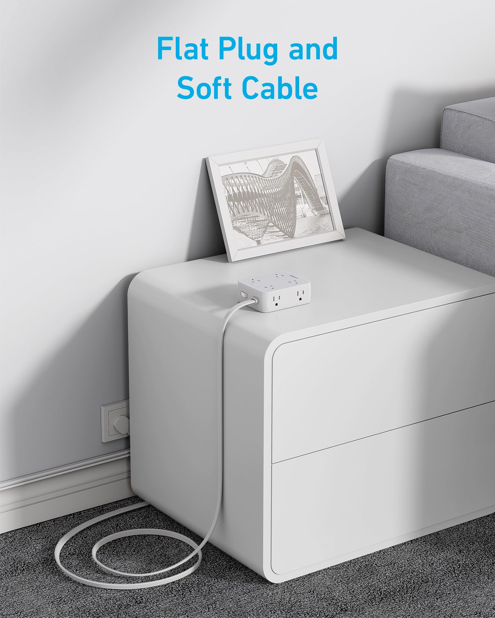 Anker power strip with flat plug for soft cable convenience