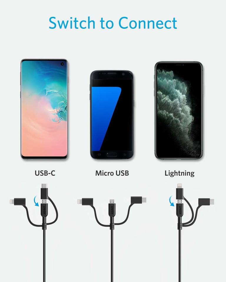 Anker cable with USB-C, Micro USB, Lightning, for versatile charging