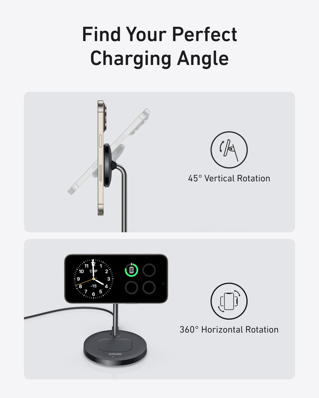Anker charging stand with phone rotated 45° and 360° for adjustable charging angle