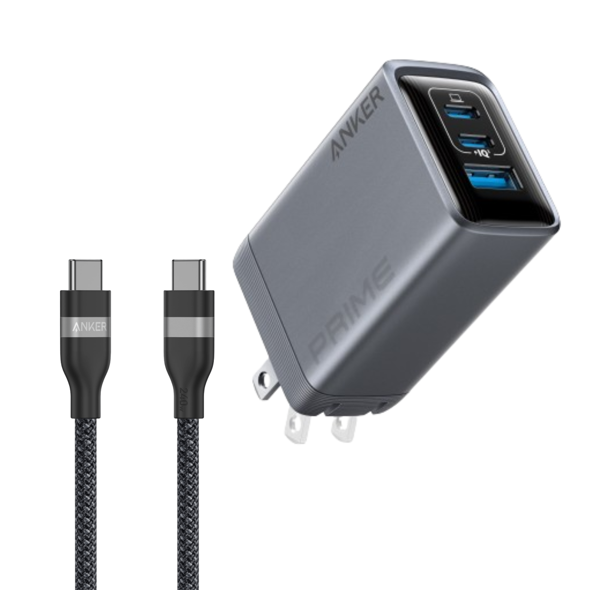 Prime Charger (100W, 3 Ports, GaN) and USB-C to USB-C Cable (3 ft / 6 ft, 240W, Upcycled-Braided)