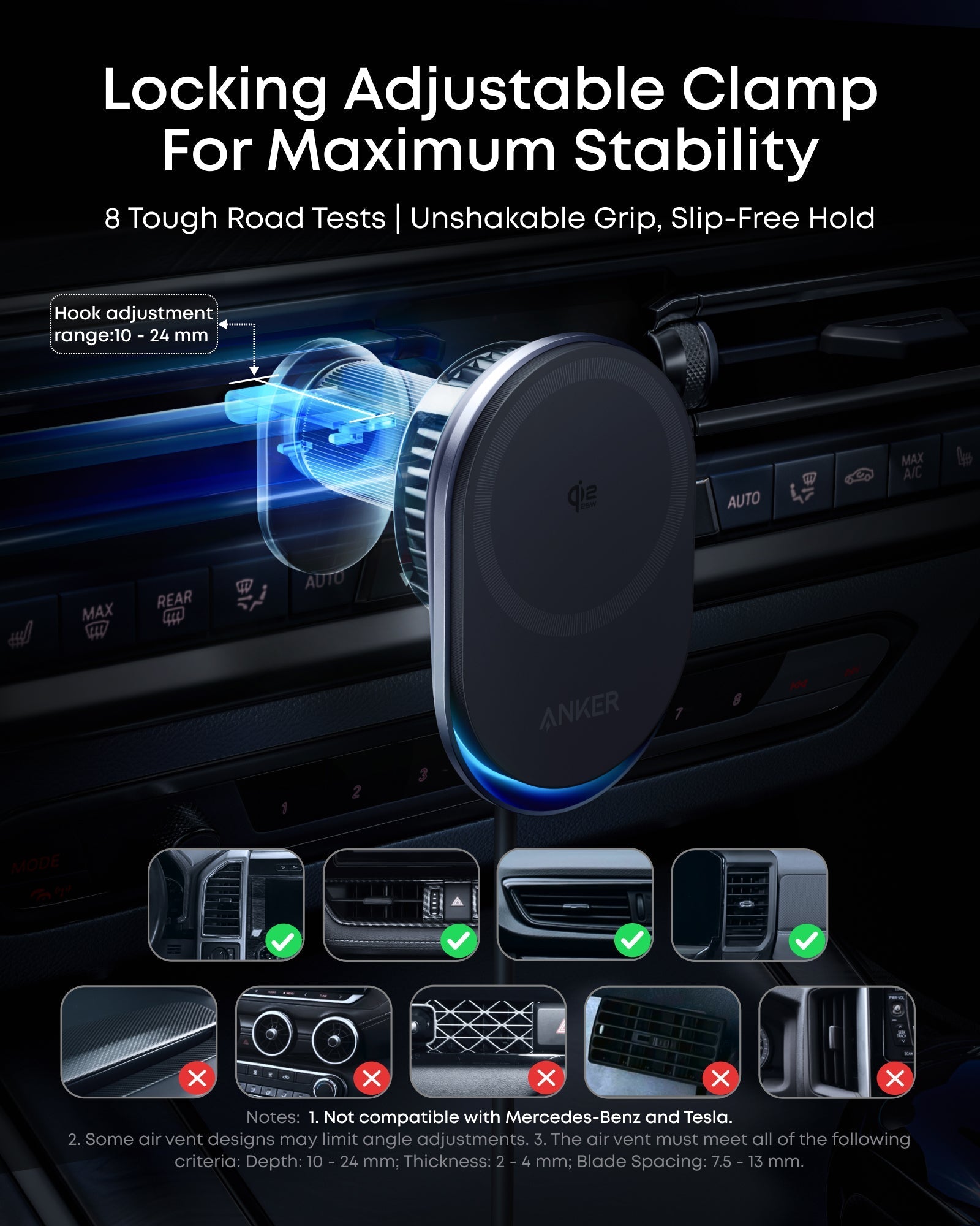 Anker Qi2 clamp for maximum stability with car air vent