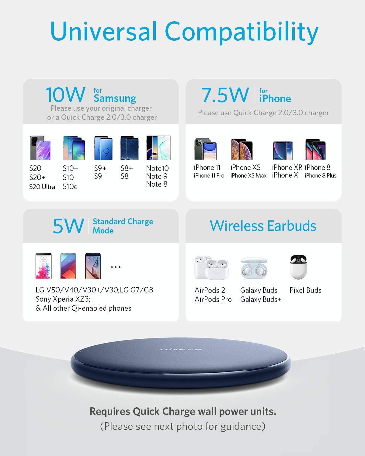 Anker wireless charger with universal compatibility for charging devices
