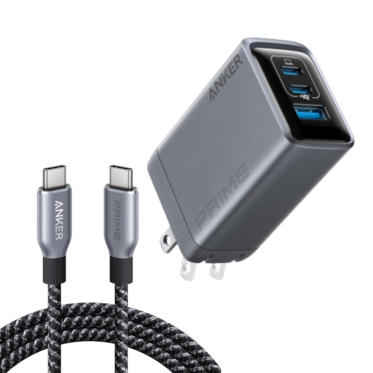 Prime Charger (100W, 3 Ports, GaN) and USB-C to USB-C Cable (240W, 6 ft)