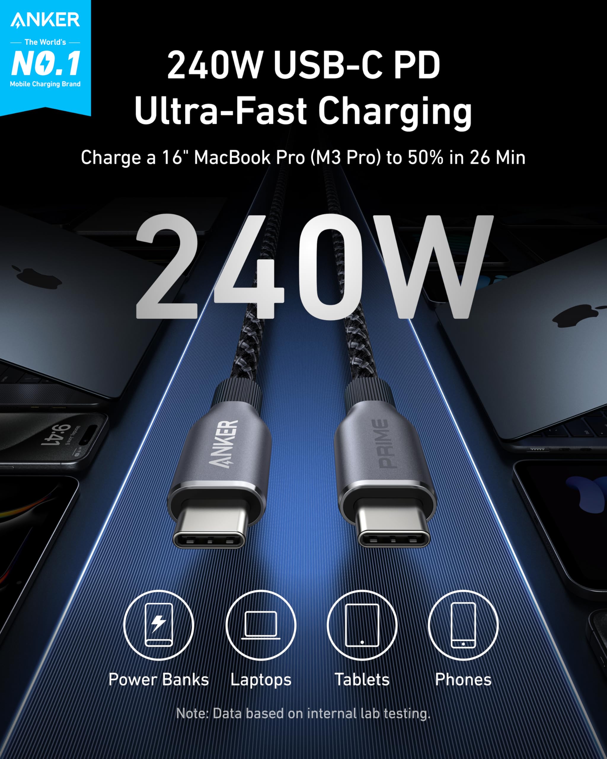 Anker 240W USB-C cable with ultra-fast charging for laptops