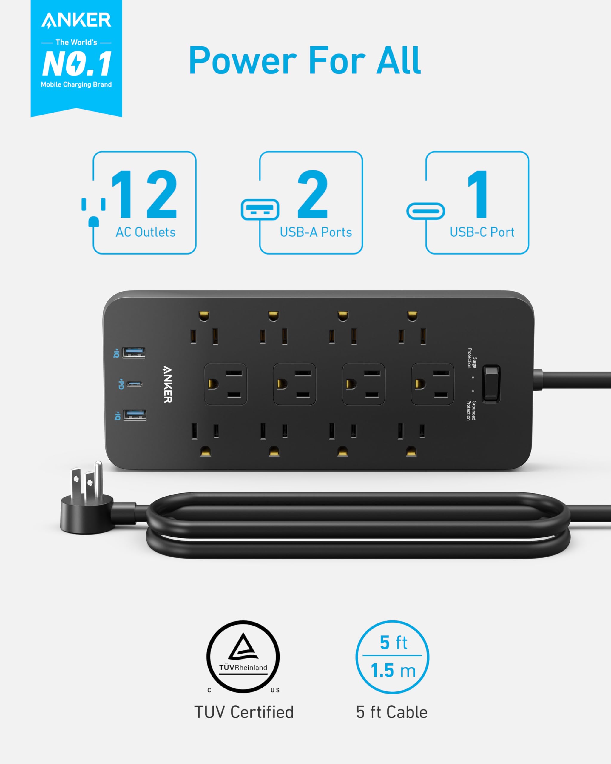 Anker power strip with 12 AC outlets for home charging