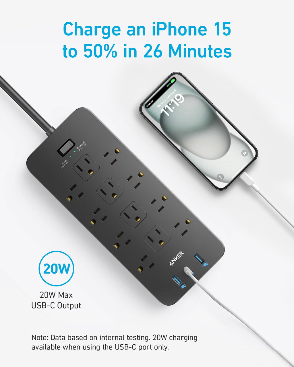 Anker power strip with 20W USB-C charging for fast charge Keyword