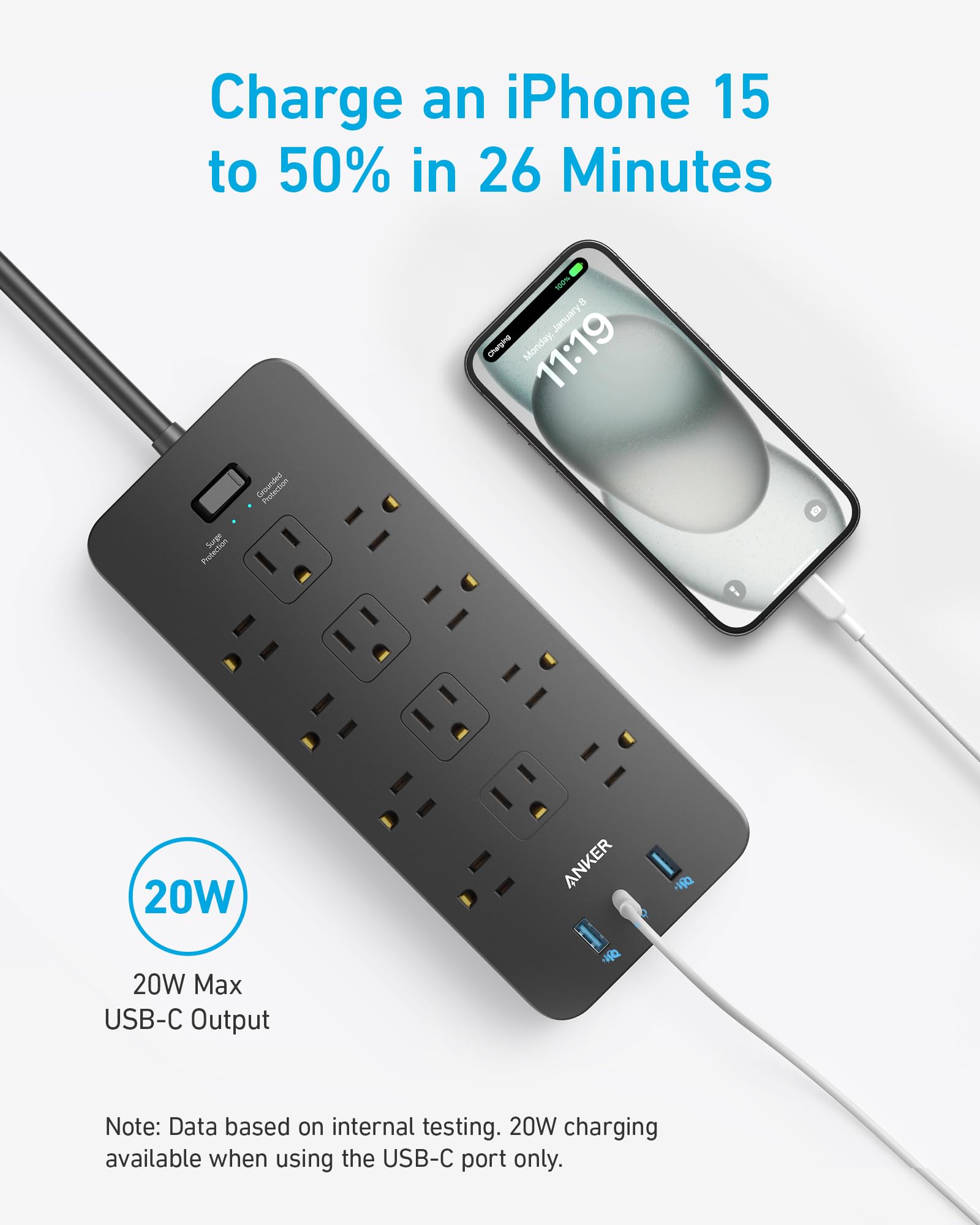 Anker power strip with 20W USB-C charging for fast charge Keyword