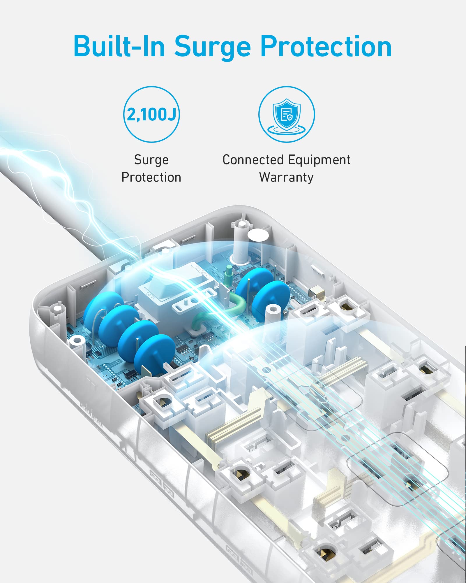 Anker power strip with surge protection and warranty for Built-In Surge Protection.