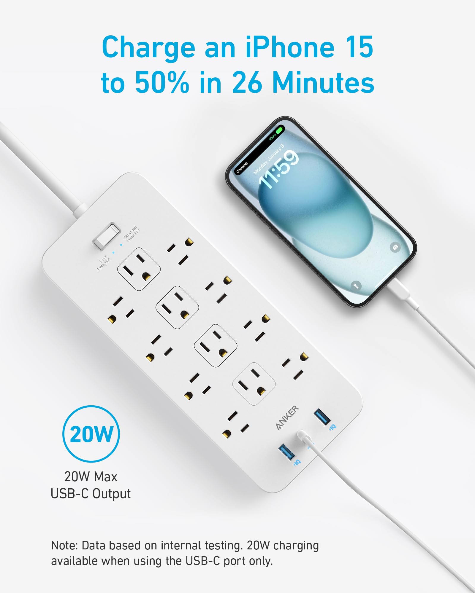 Anker power strip with USB-C charging for iPhone 15