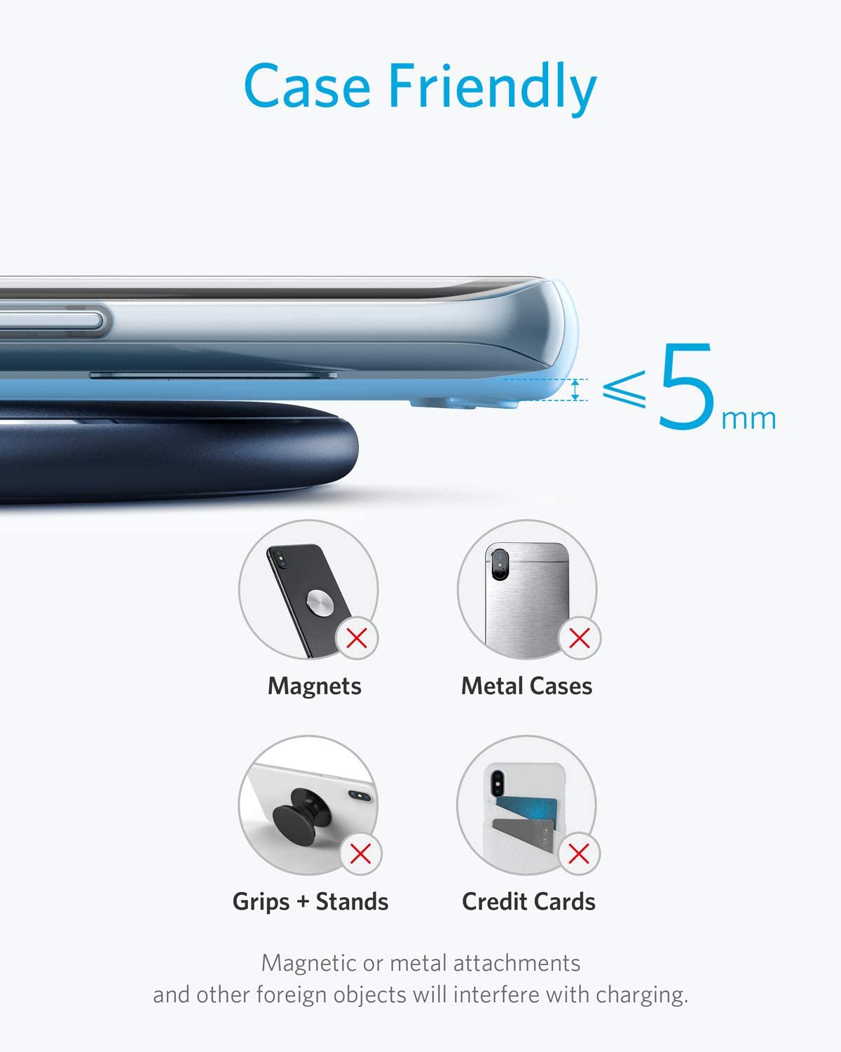 Anker wireless charger with phone case under 5mm for case friendly use