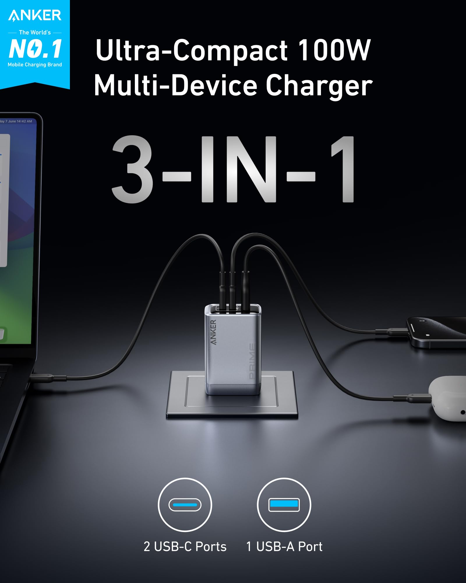 Anker charger with 3-IN-1 for multi-device power