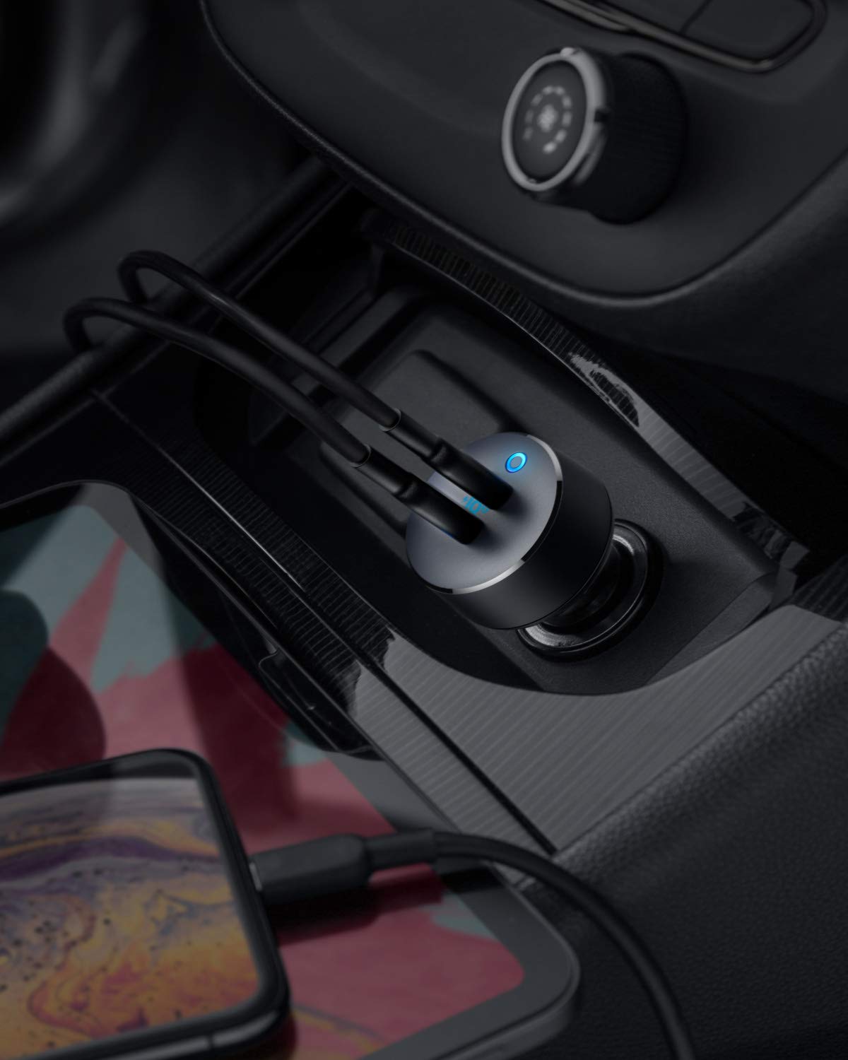 Anker car charger with two connected cables for charging devices