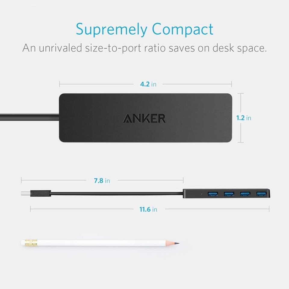 Anker compact USB hub with measurements for Cable