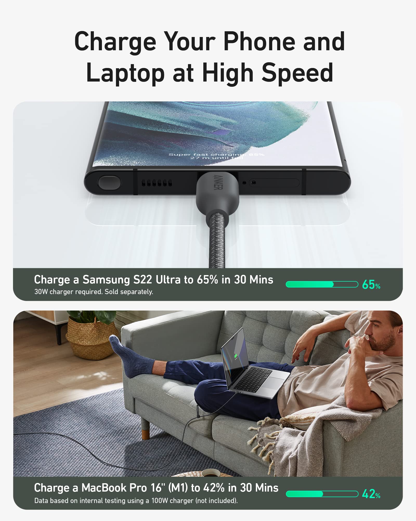Anker cable charging Samsung S22 Ultra and MacBook Pro 16 with high speed