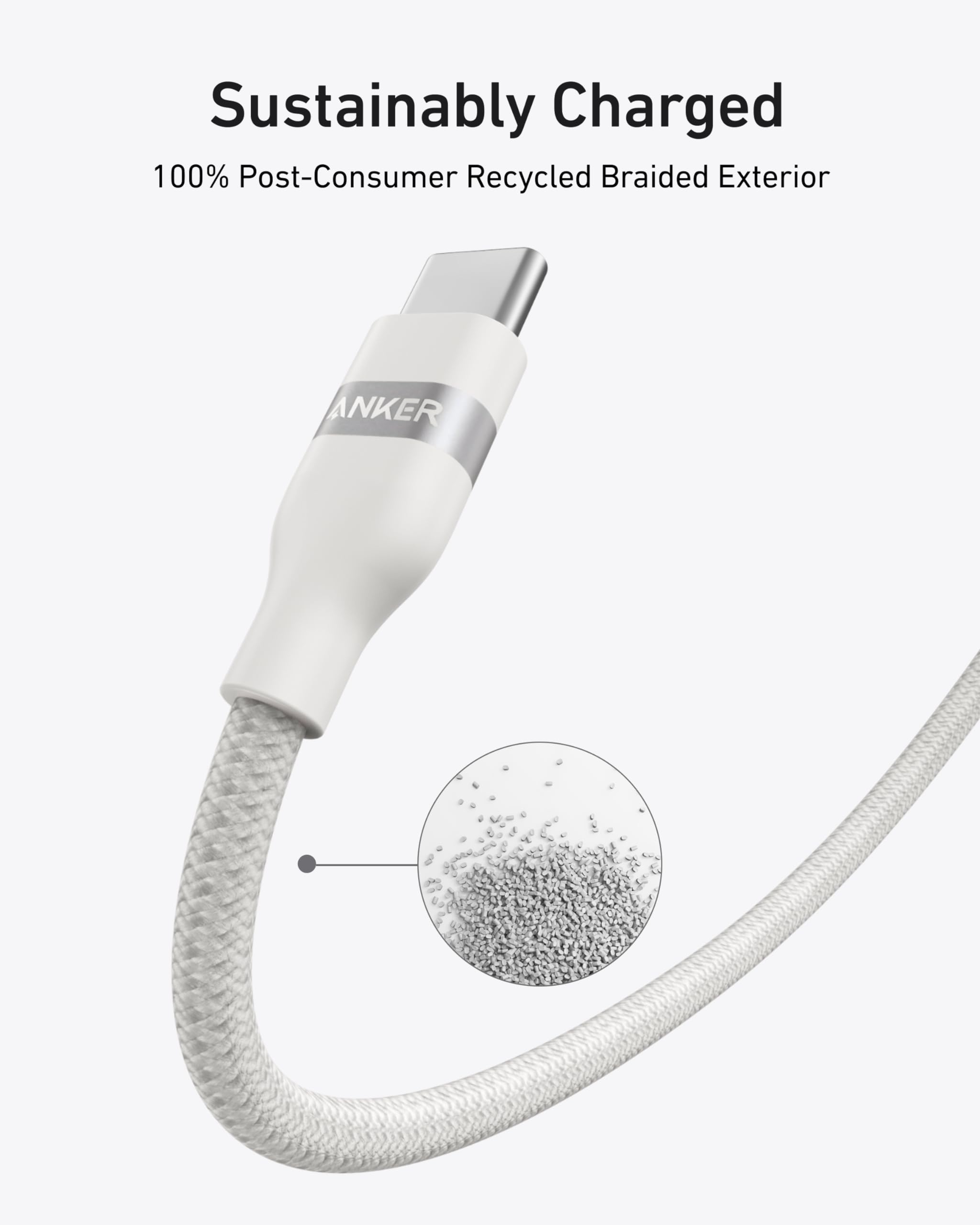Anker charging cable with recycled braided exterior for sustainability