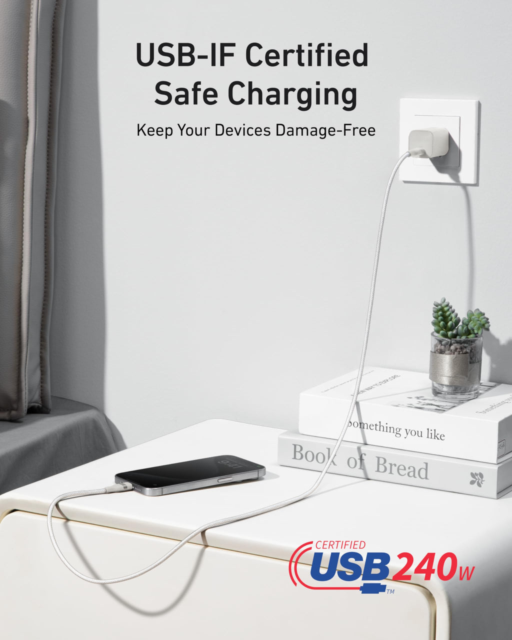 Anker charging cable with USB-C ends for safe 240W charging