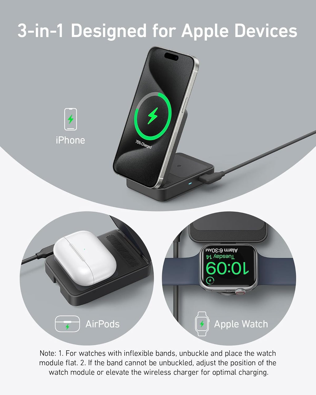 Anker 3-in-1 wireless charger with iPhone, AirPods, Apple Watch