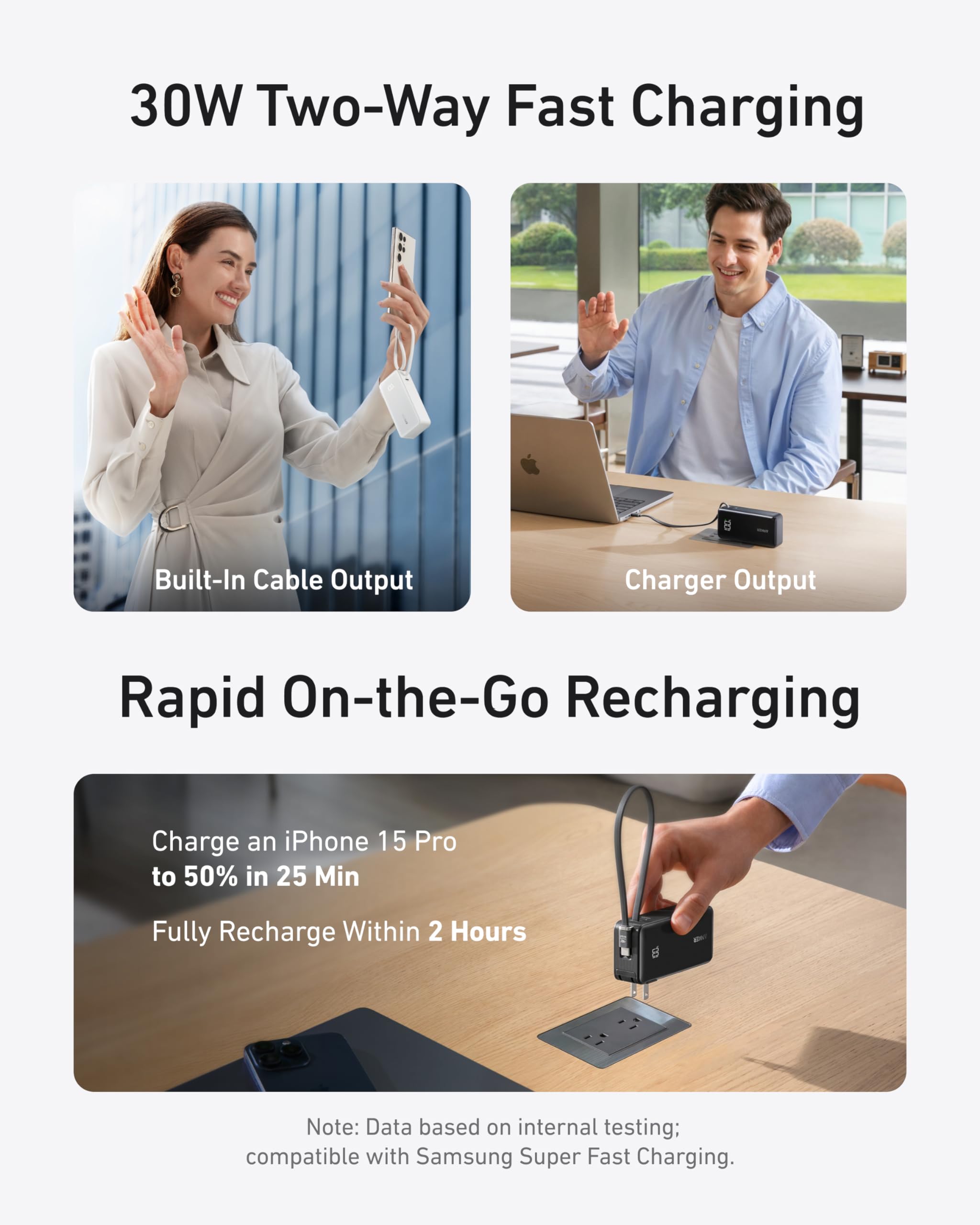 Anker fast charging with built-in cable and charger output for on-the-go recharging.
