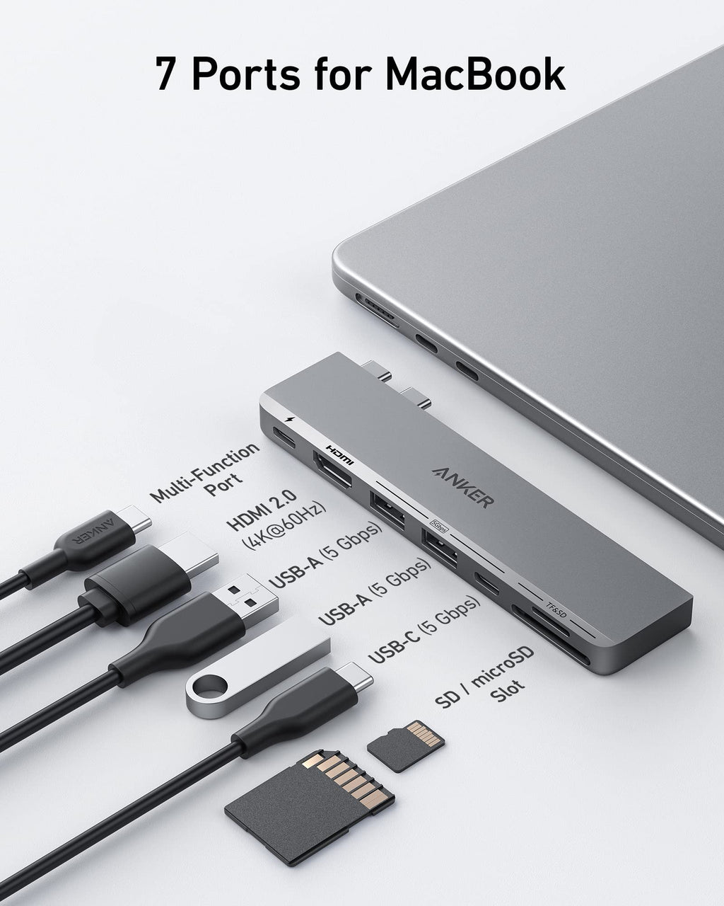 Anker USB-C hub for MacBook with seven ports.