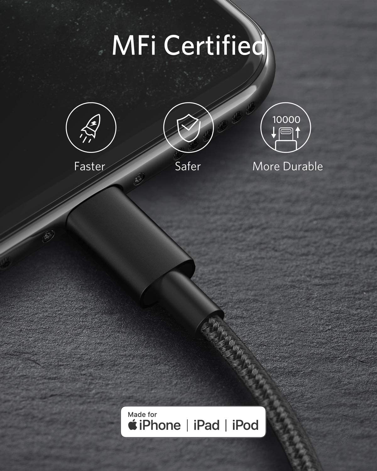 Anker cable for iPhone with MFi certified fast and safe charging