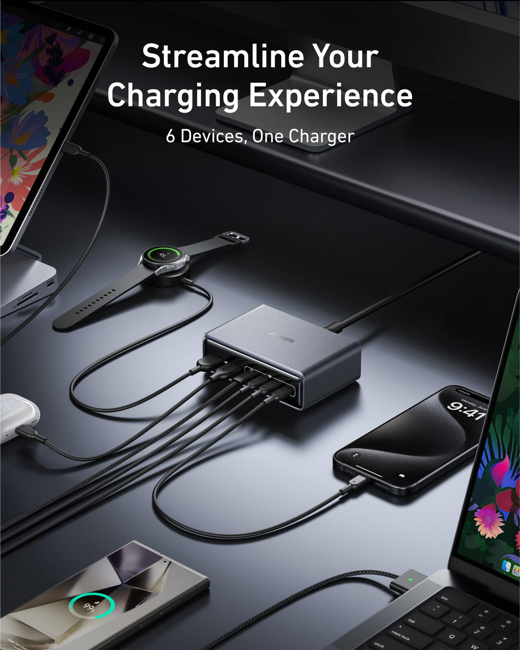Anker Prime Charger (200W, 6 Ports, GaN) and Anker Prime USB-C to USB-C Cable 240W