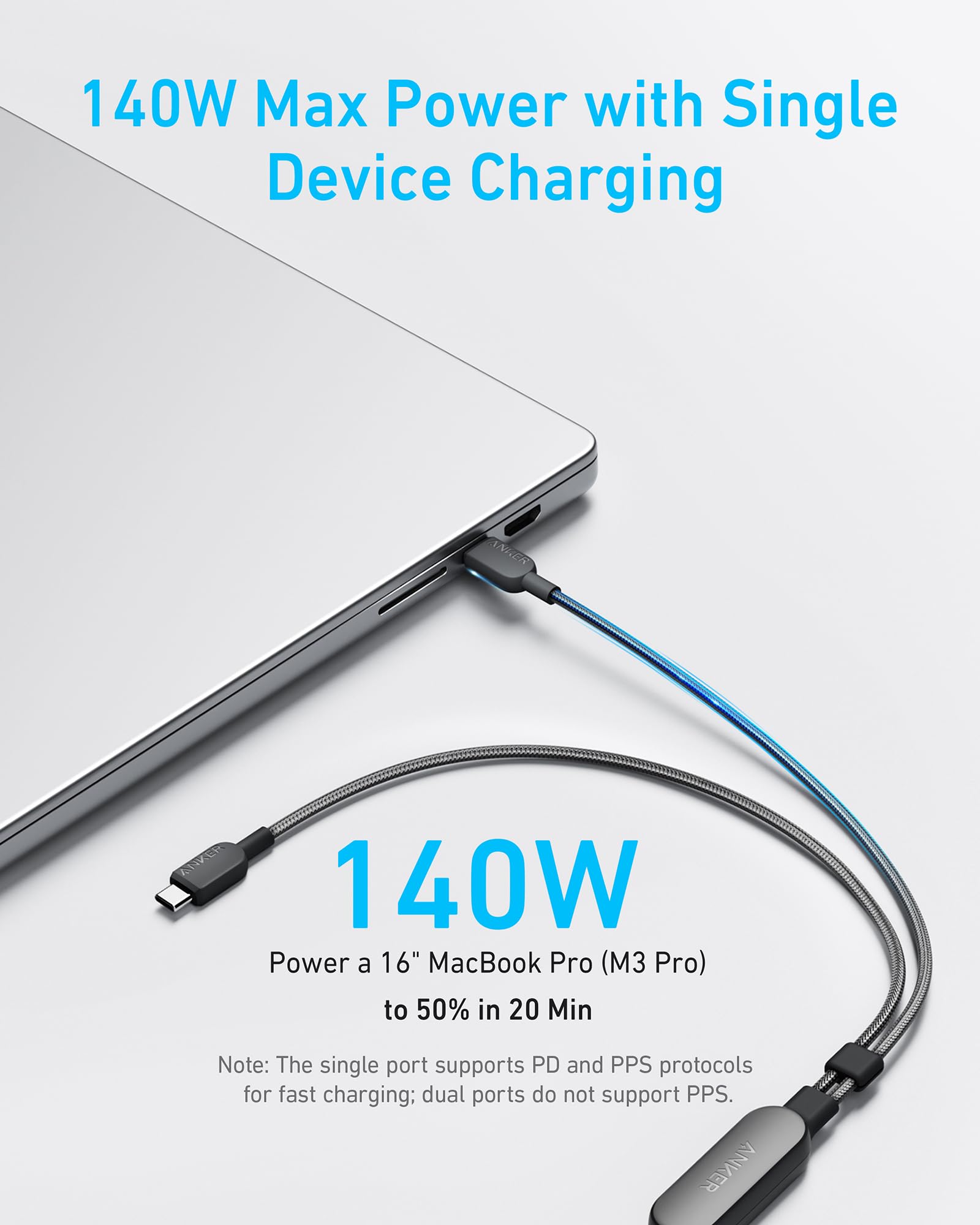 Anker cable delivering 140W charging for laptop with fast power