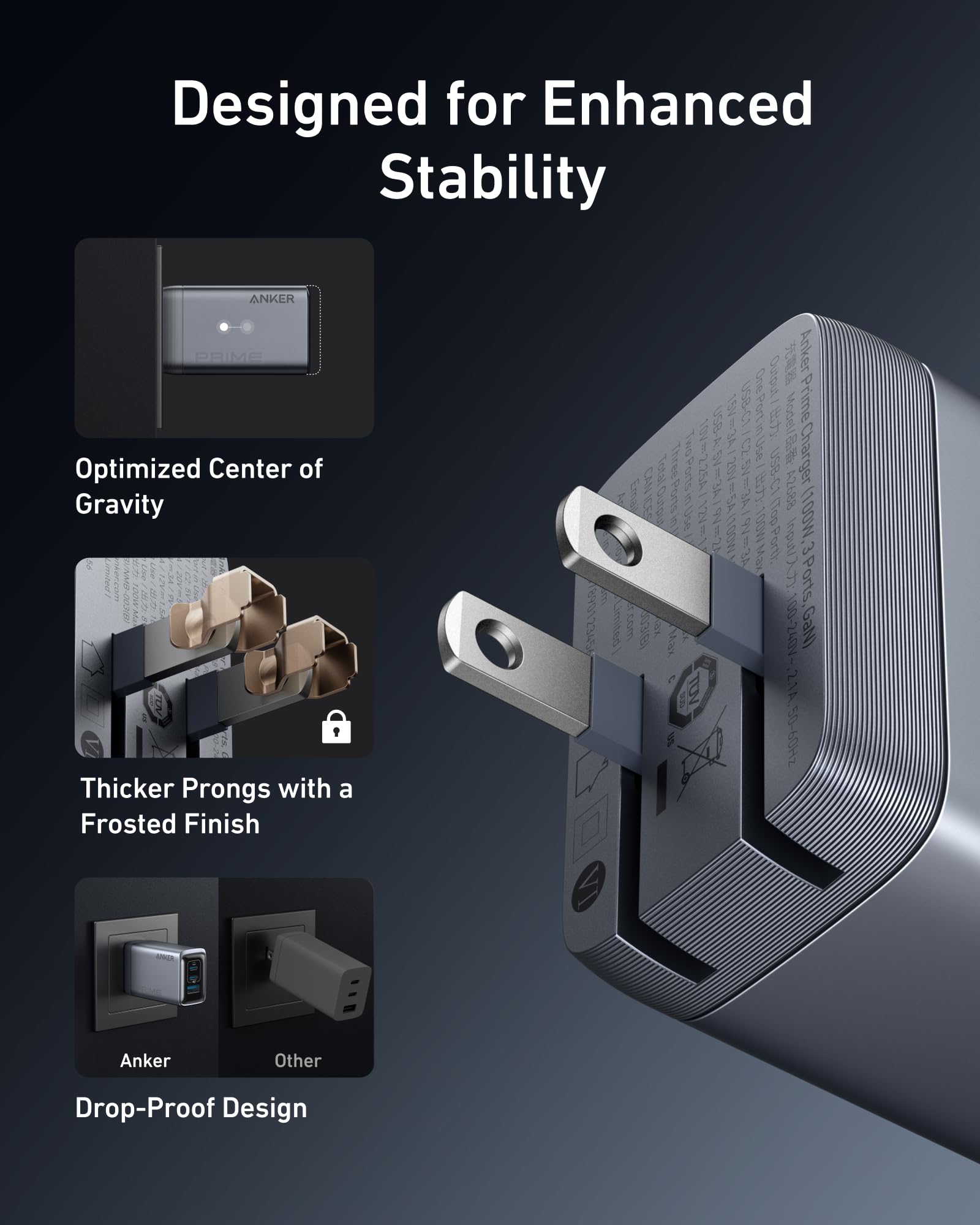 Anker charger with optimized center of gravity and drop-proof design
