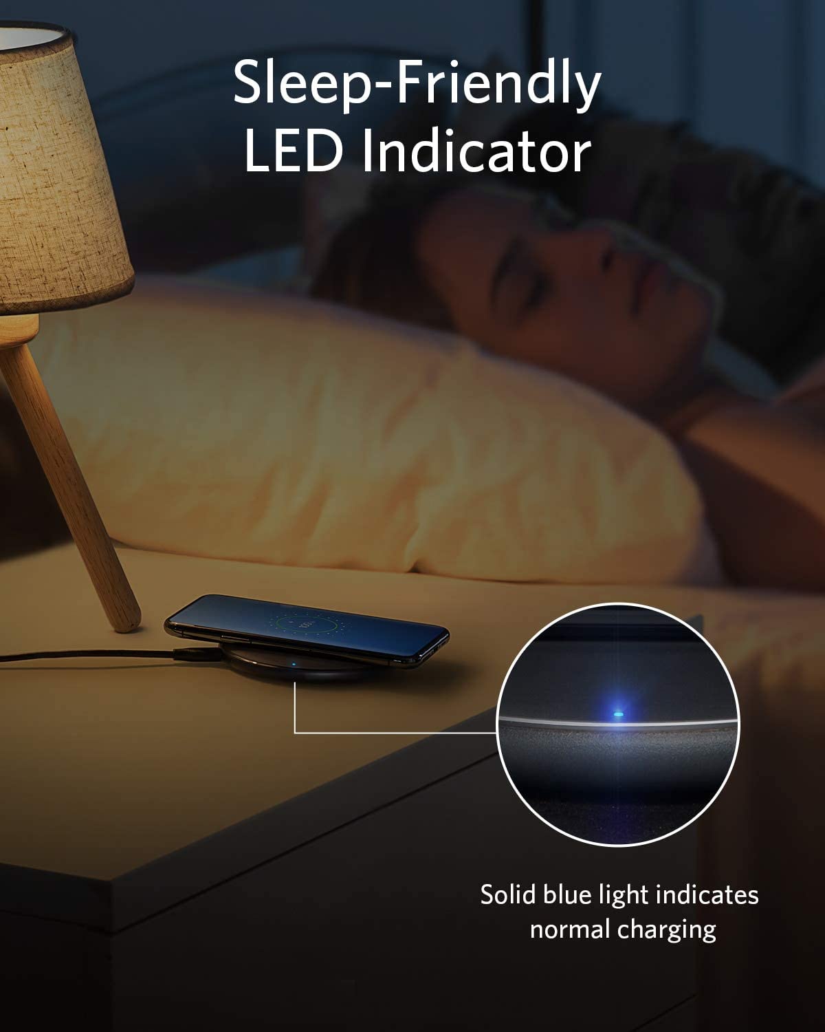 Anker with sleep-friendly LED indicator for wireless charging