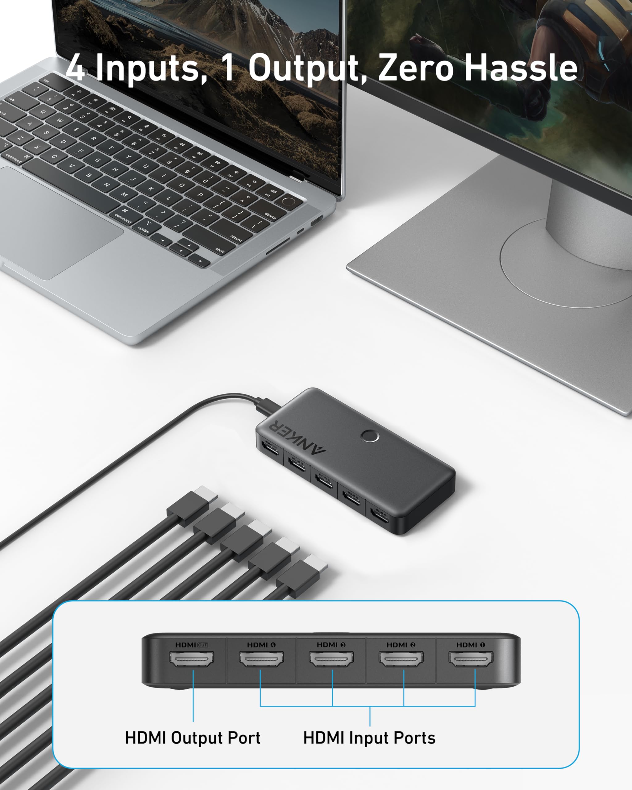 Anker HDMI switch with 4-input, 1-output for laptop and monitor