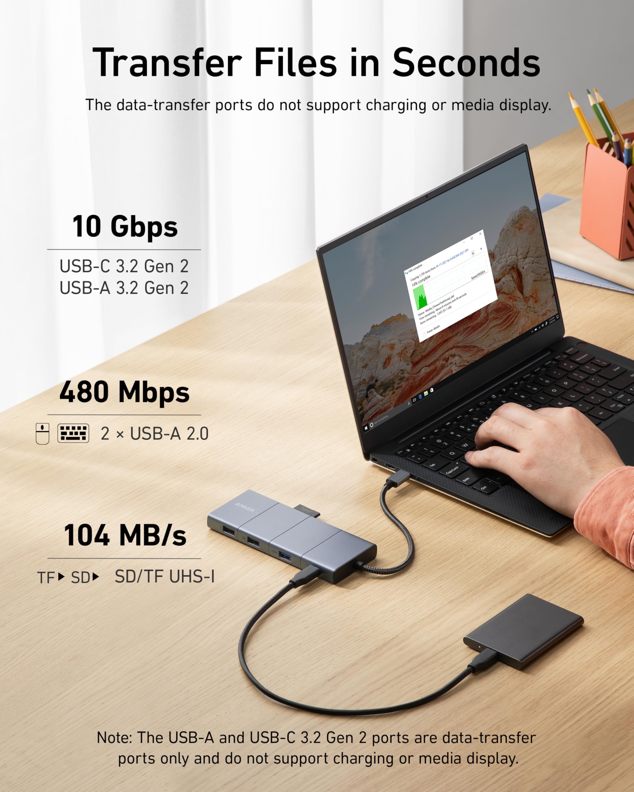 Anker 11-in-1 hub with USB-A and USB-C ports for Transfer Files in Seconds.