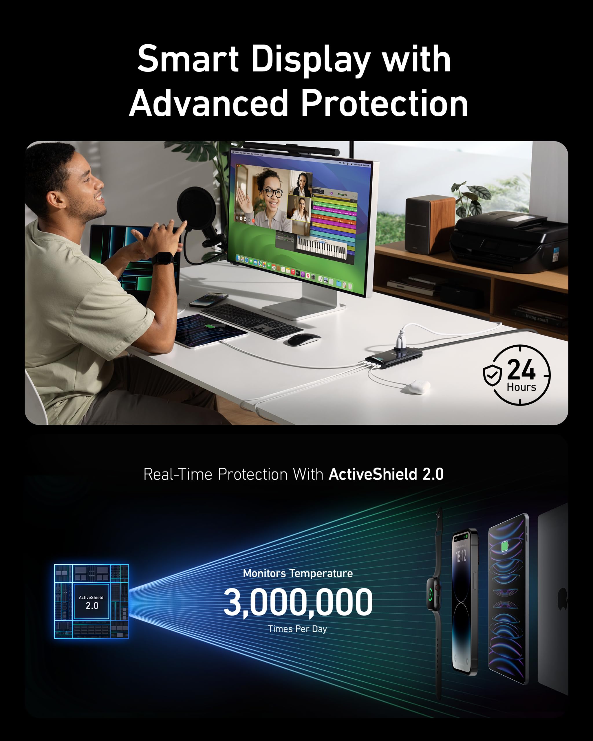 Anker smart display showing advanced ActiveShield 2.0 protection for charging