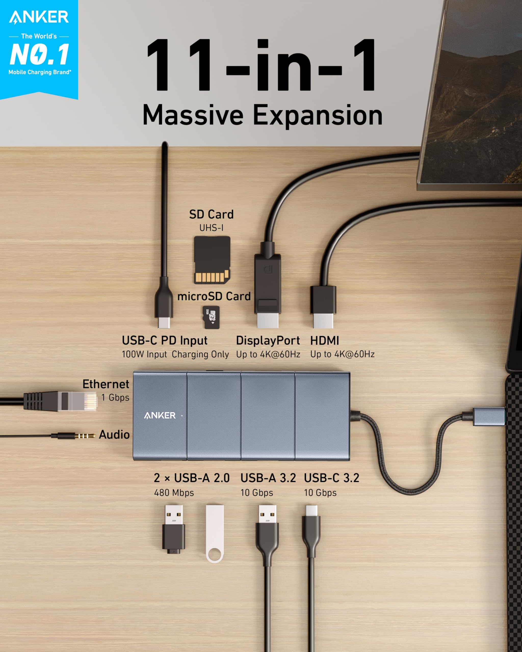 Anker 11-in-1 hub with USB-C and HDMI ports for Massive Expansion.