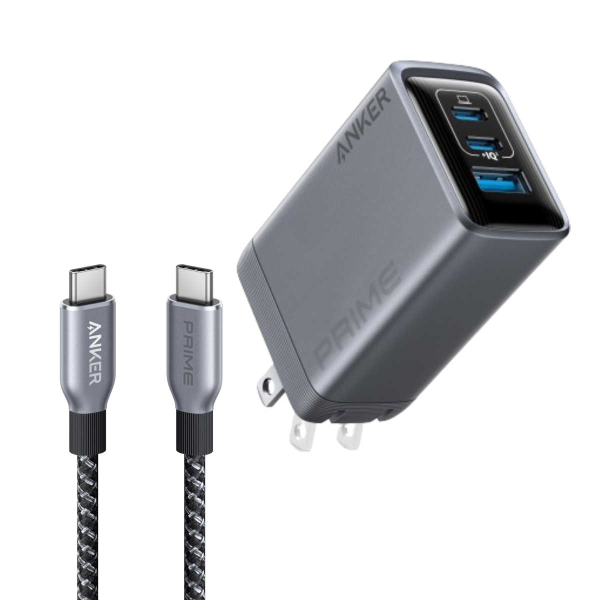 Prime Charger (100W, 3 Ports, GaN) and Prime USB-C to USB-C Cable (240W, Upcycled-Braided)