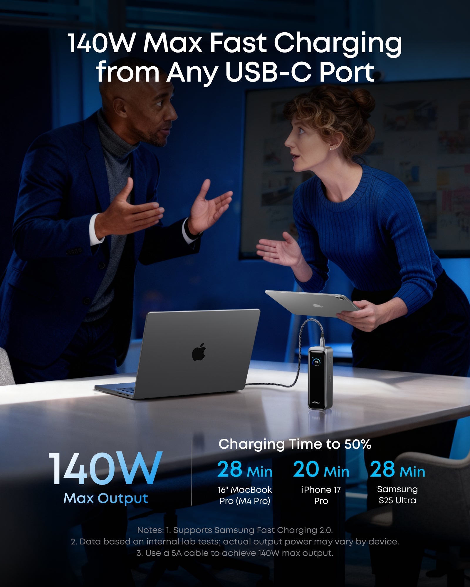 Anker portable charger with 140W fast charging for laptop and tablet