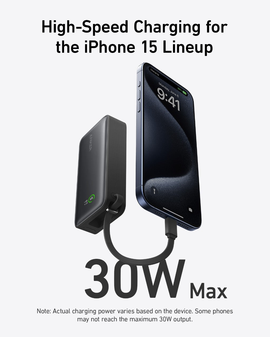 Anker with iPhone 15 for high-speed charging, 30W max