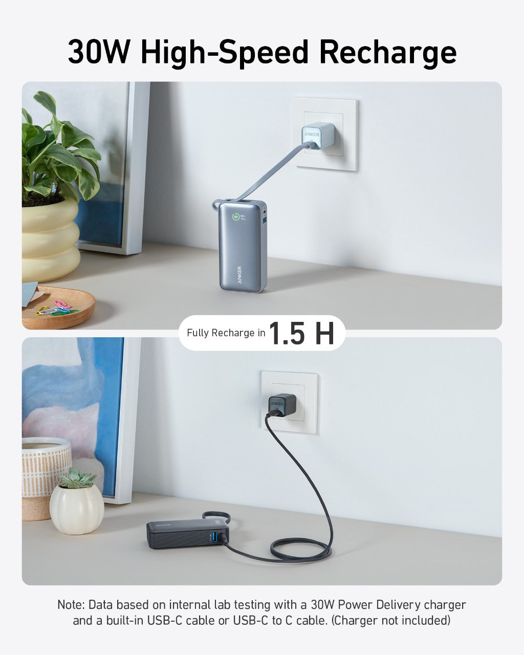 Anker power bank with 30W high-speed charging for rapid recharging