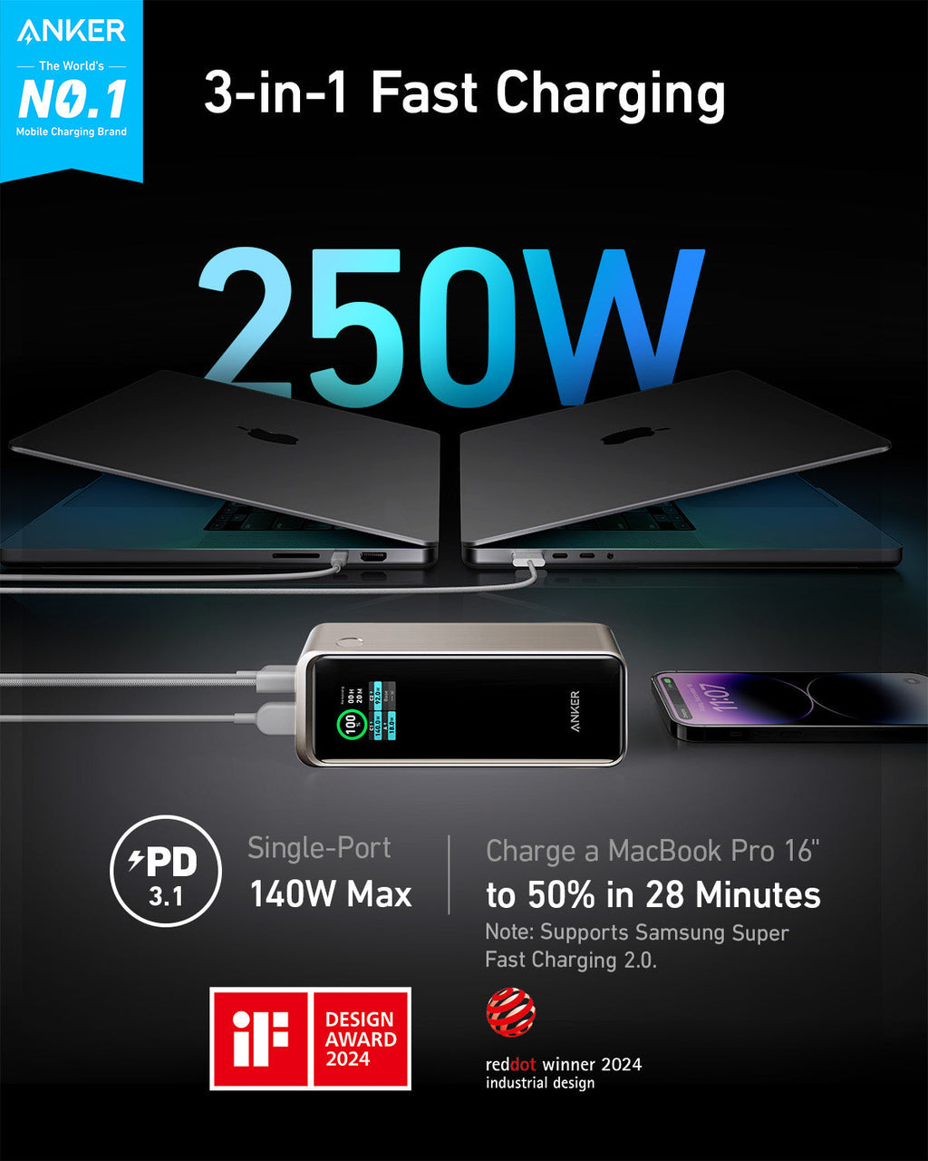 Anker 250W power bank with laptops for fast charging