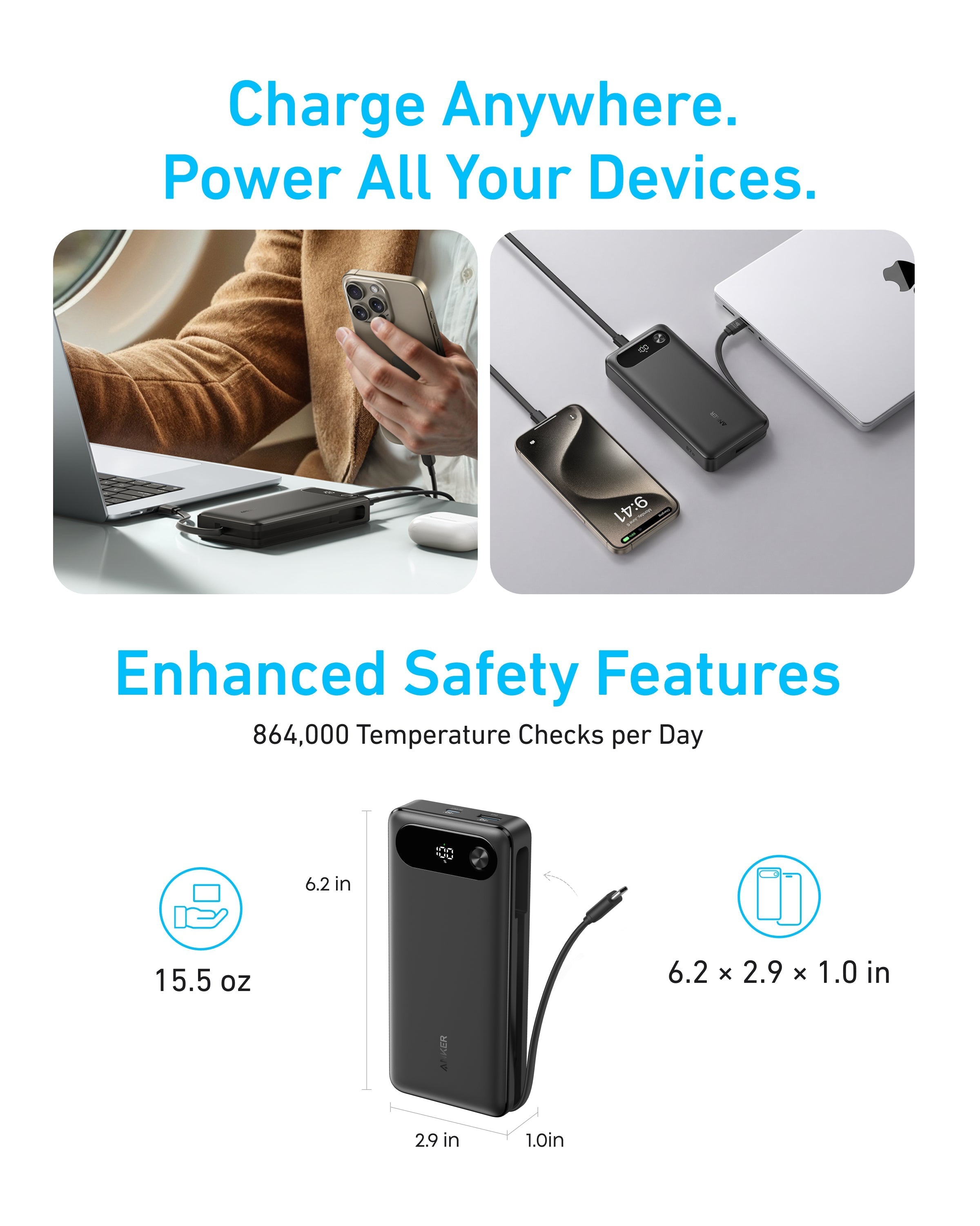 Anker Power Bank (20K, 87W, Built-In USB-C Cable) | Customizable
