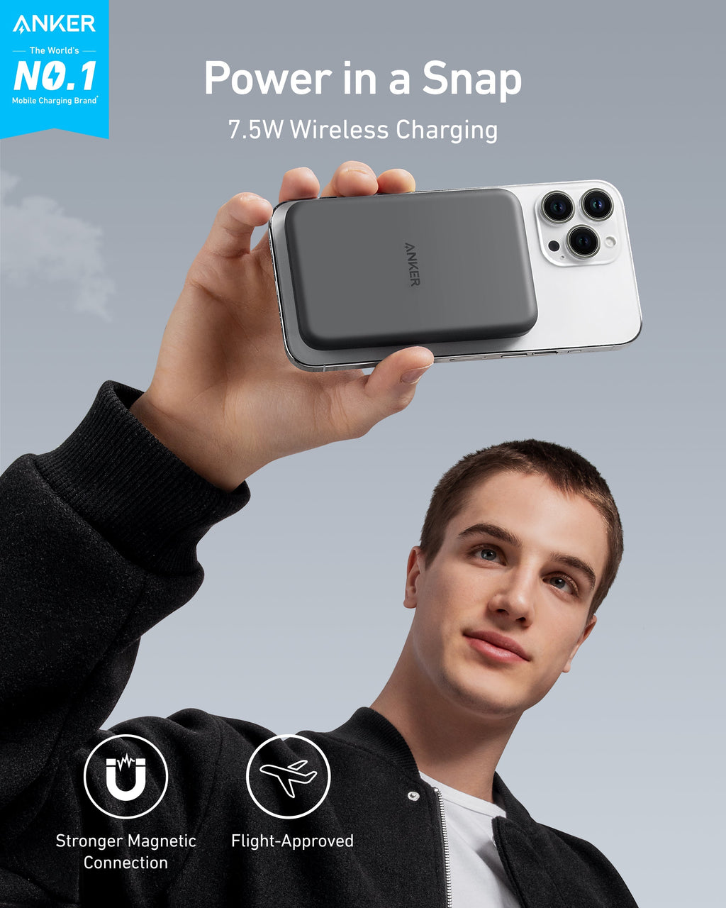Anker power bank on iPhone with magnetic connection for easy use