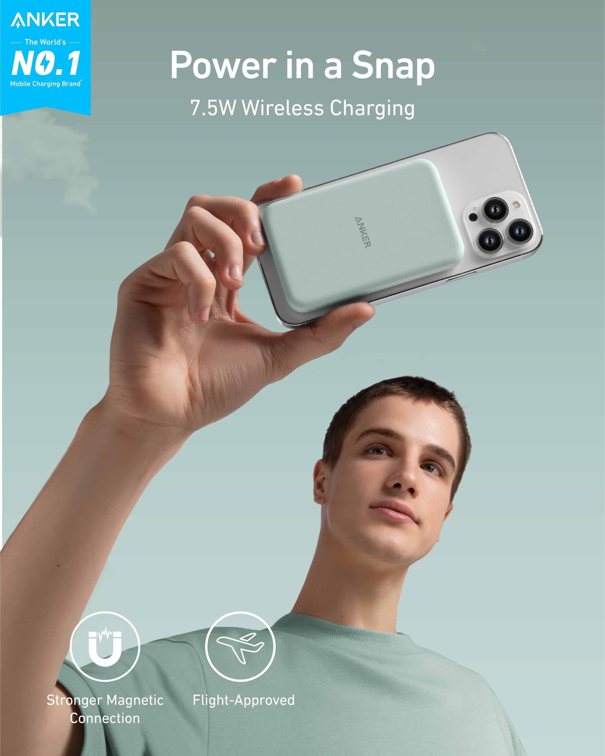 Anker magnetic power bank with iPhone for 7.5W wireless charging