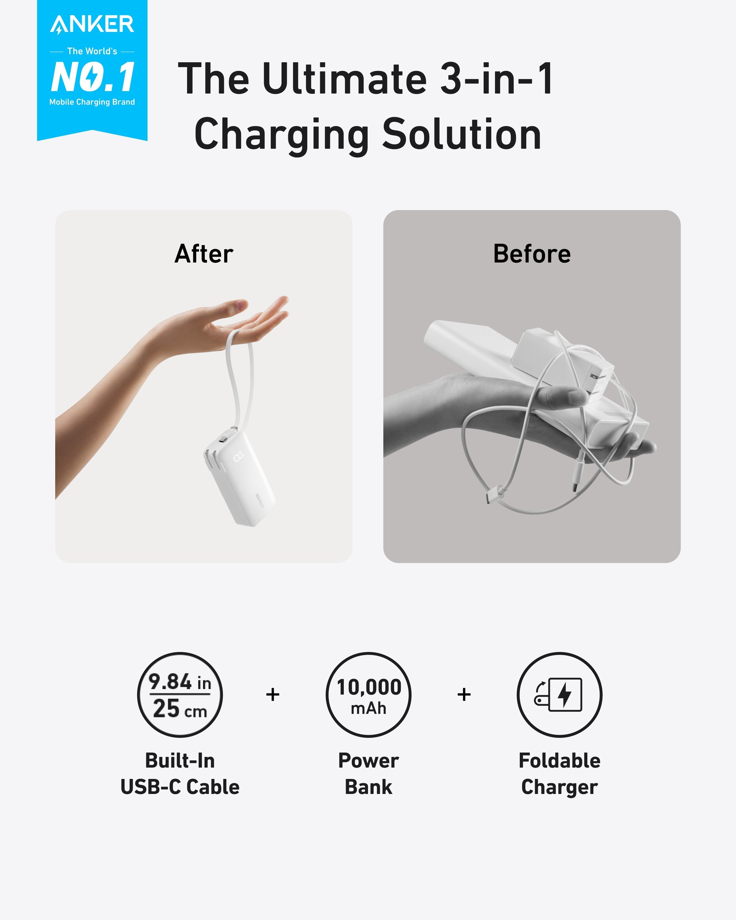 Anker with 3-in-1 charging solution for built-in cable.