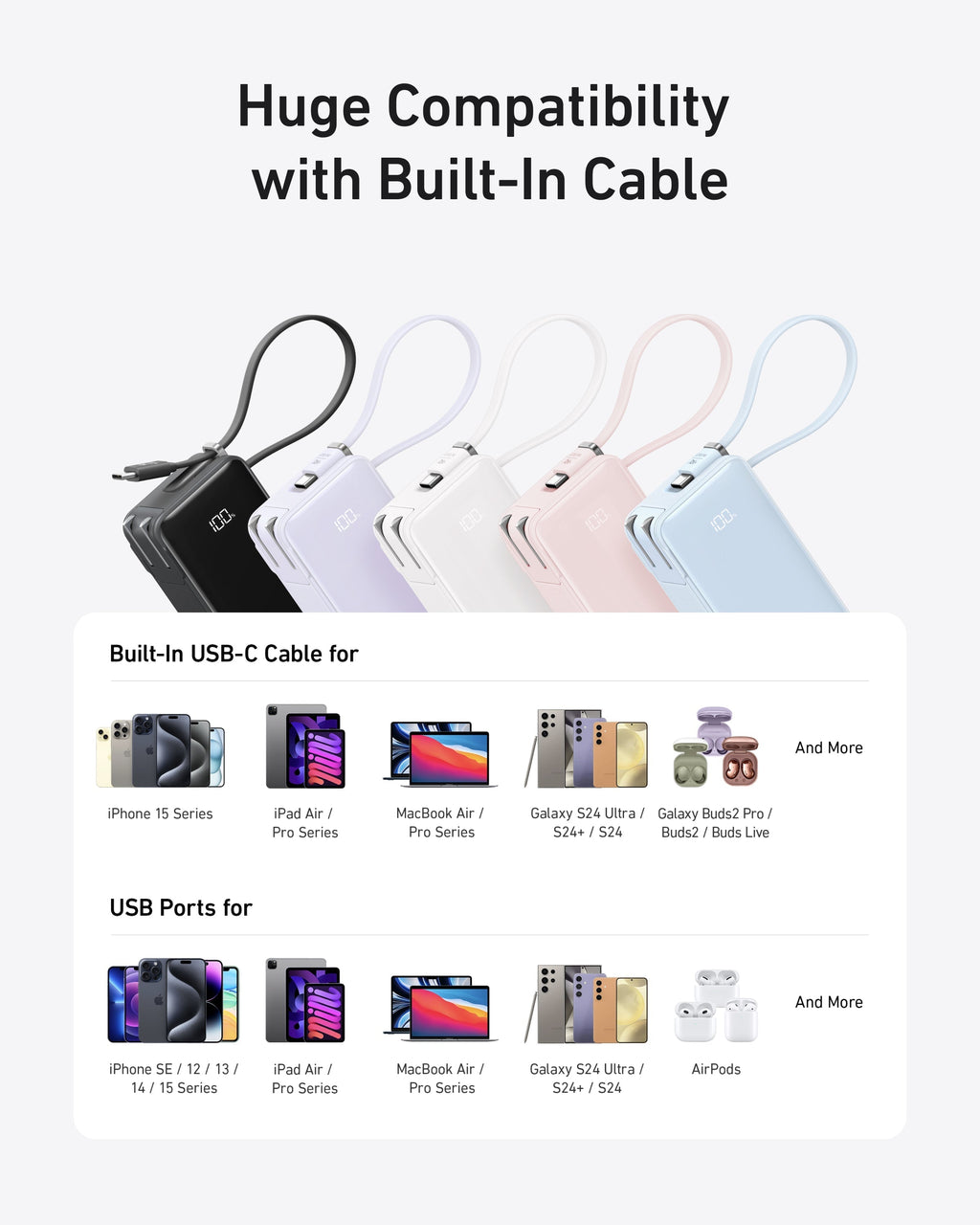 Anker built-in cable for iPhone 15 and Galaxy S24 with compatibility