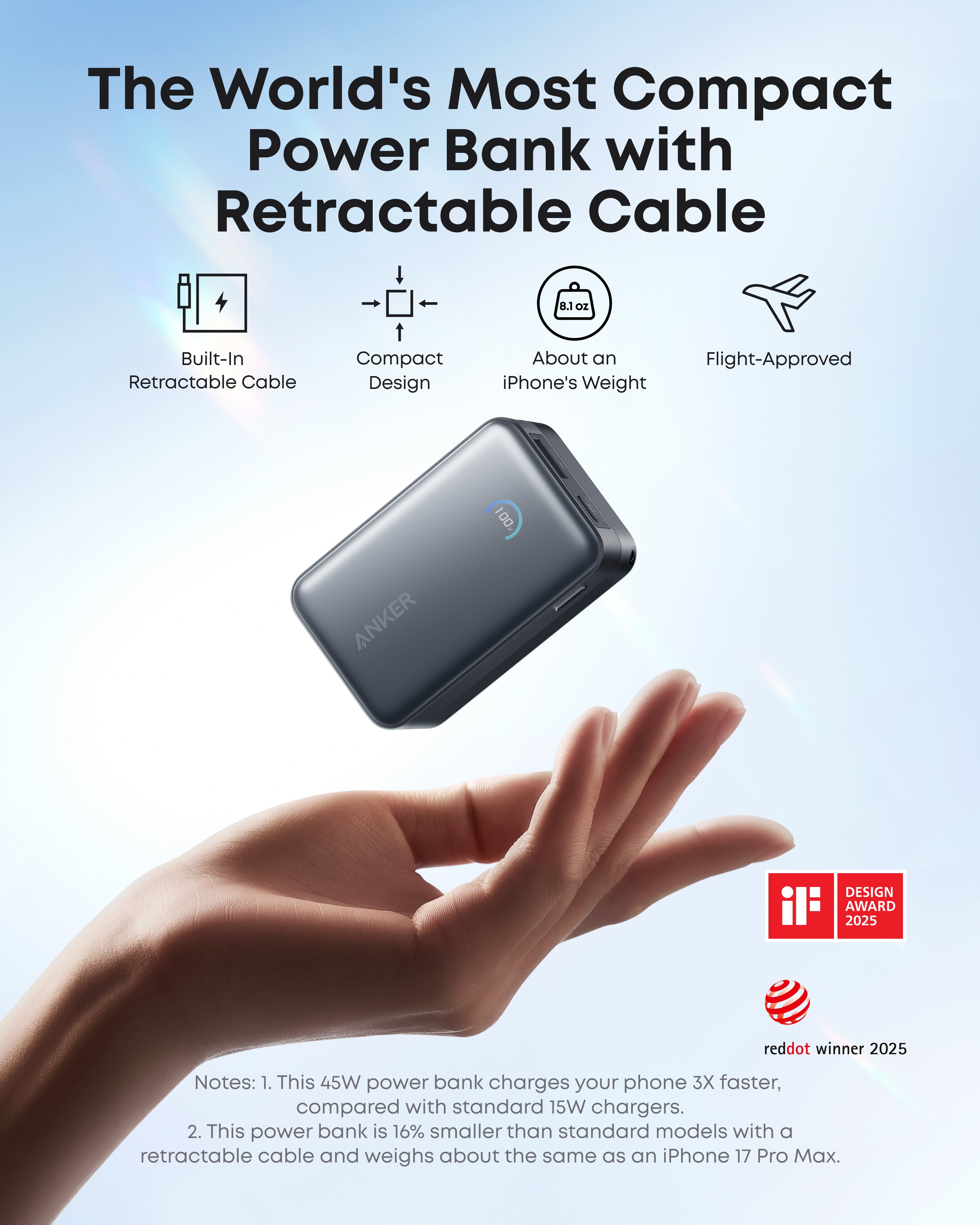 Anker compact power bank with retractable cable for easy travel