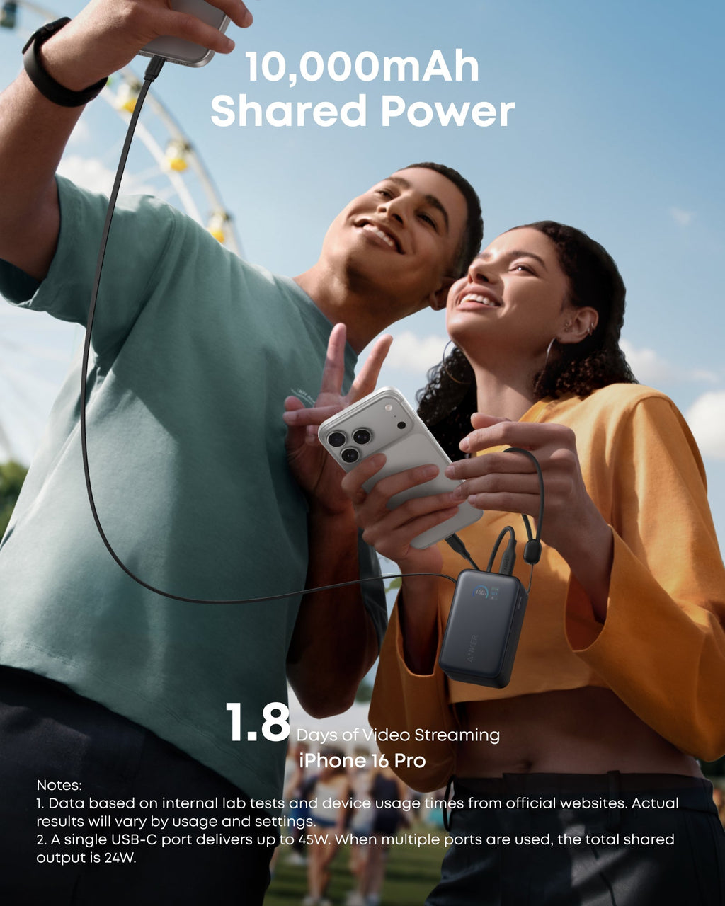 Anker power bank shared by two people with iPhone 16 Pro