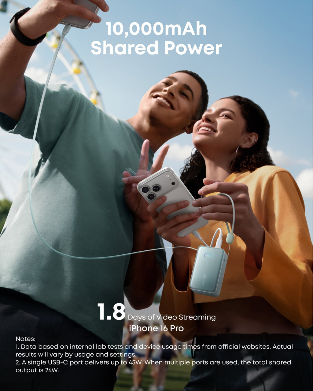 Anker 10,000mAh power bank with retractable cable for video streaming