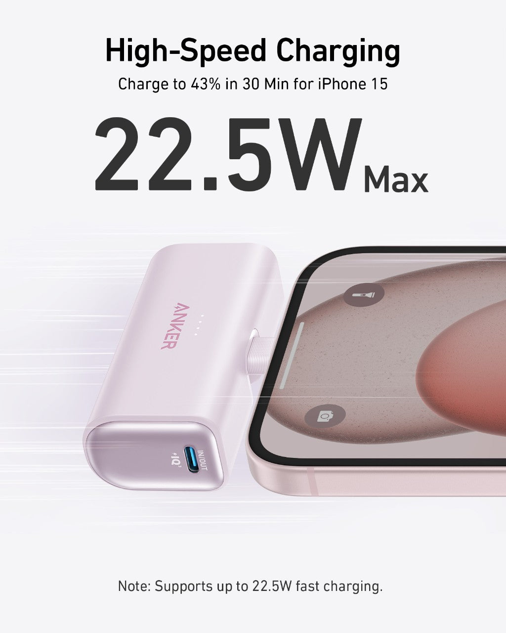 Anker 22.5W power bank with fast charging for iPhone 15