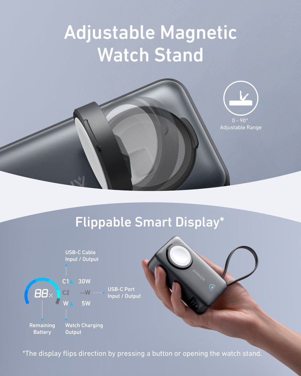 Anker adjustable watch stand with flippable smart display for charging