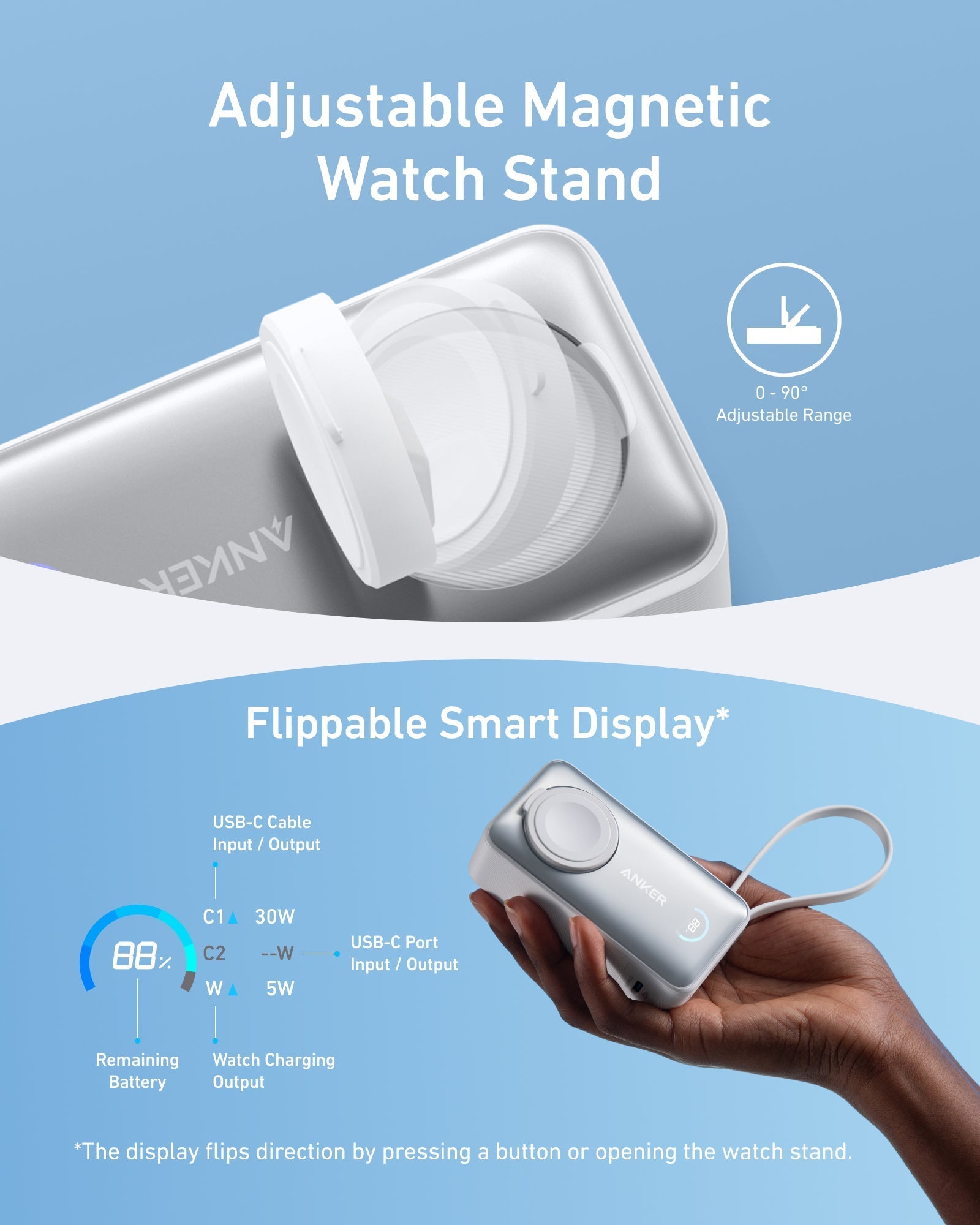 Anker adjustable magnetic watch stand with flippable smart display for charging